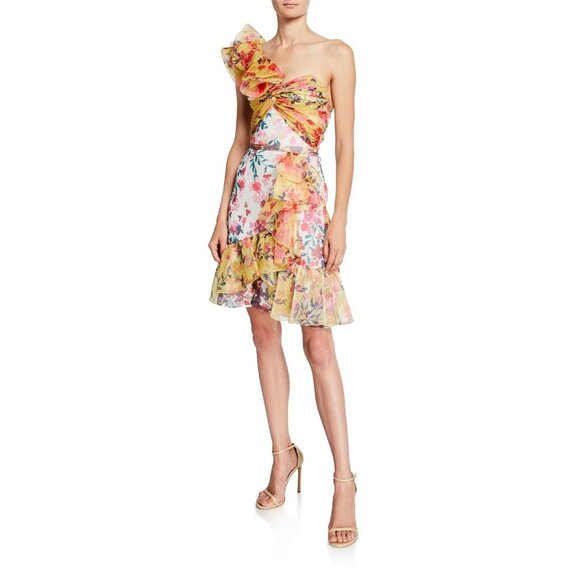 Marchesa Notte Dresses & Skirts - Marchesa Notte Floral Print Organza Mini Dress Ruffle One Shoulder 10 New $695